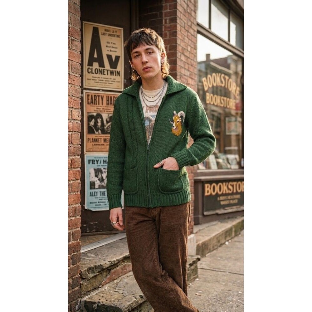 Toddland Ram Buck Deer Cowichan Style Wool Blend Zip Cardigan Sweater Green M